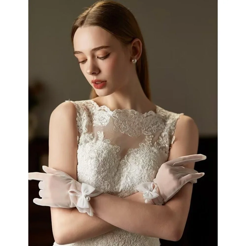 Women's Green Bow Tulle Pearls Mesh Tea Short Gloves Party Prom Accessories